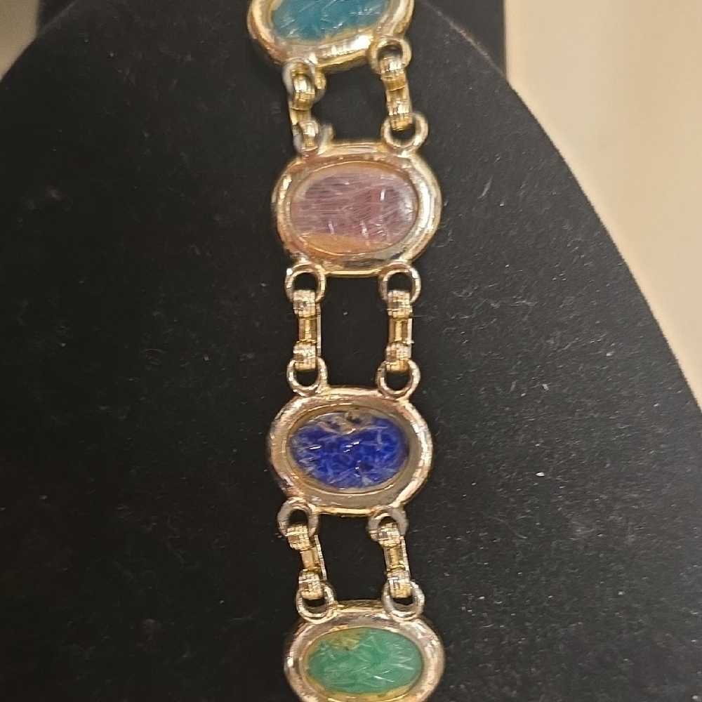 Carved Multi Color Glass Or Better Scarab Bracelet - Picture 4 of 7